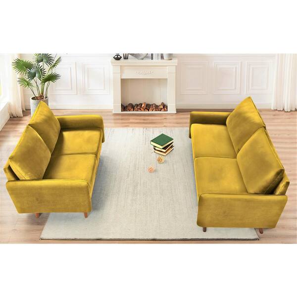 Vivo Golden Yellow Velvet Living Room Set Sofa and Loveseat European Style 2 Piece