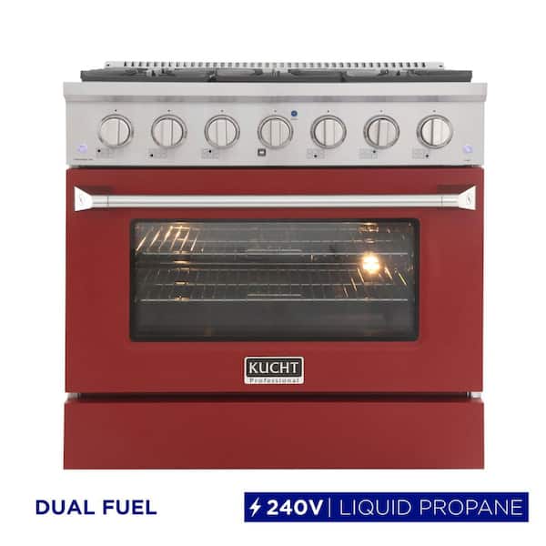 36 in. 5.2 cu. ft. LP Ready Dual Fuel Range with Gas Stove and Electric Oven in Stainless Steel with Red Door