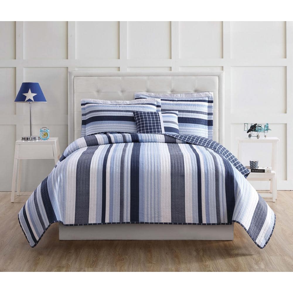 3 Piece Blue And White Twin Quilt Set, White Twin Bed Quilt