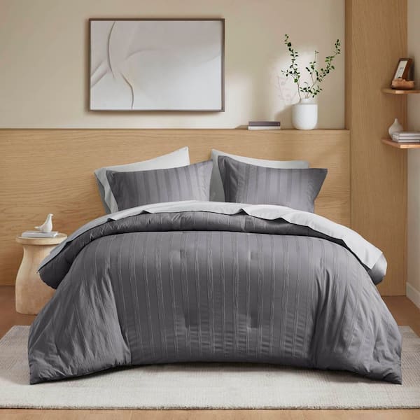 Logan 7-Piece Charcoal Polyester Queen Woven Striped Comforter Set