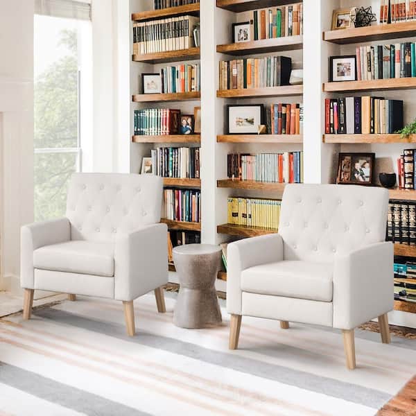 LUE BONA Beige and Walnut Linen Mid Century Modern Button Tufted Accent Chair with Wood Legs (Set of 2)