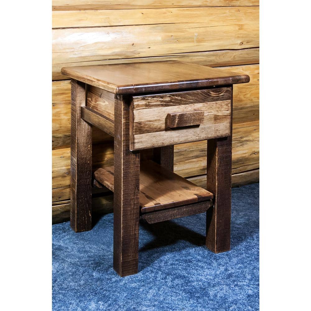 Rustic Pine Wood Nightstand with Drawer and Shelf