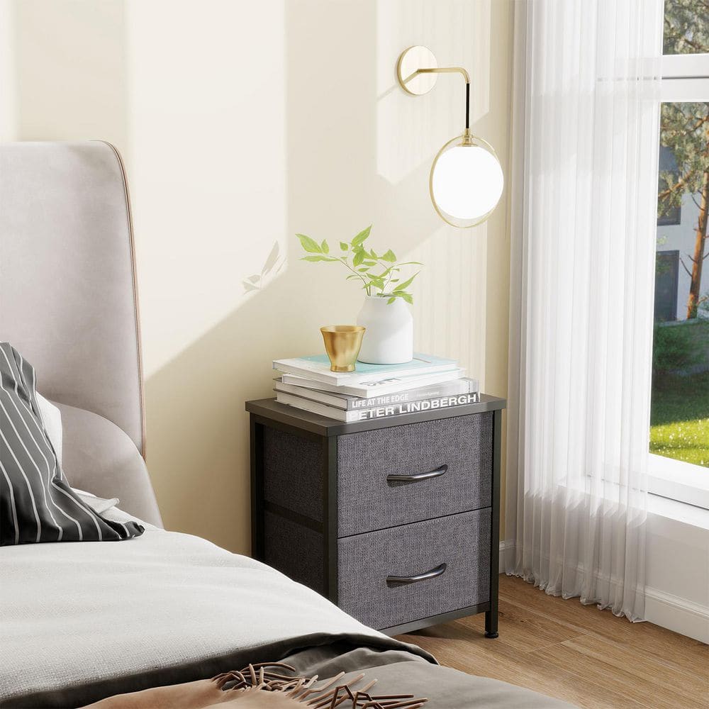 Gray and Black Metal Frame Nightstand Set with MDF Top, 2 Fabric Drawers