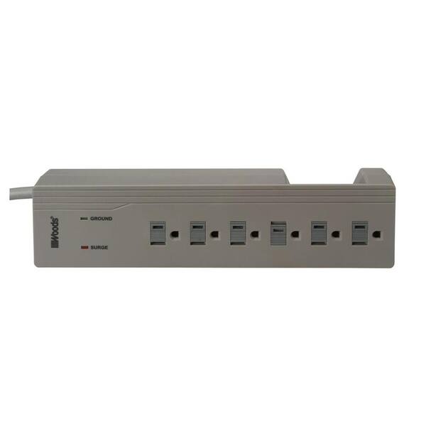 Woods Electronics 6-Outlet 1000-Joule Surge Protector with Sliding Safety Covers and Right Angle Plug 4 ft. Power Cord - Gray