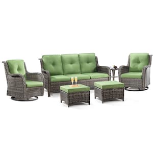 5-Piece Wicker Outdoor Patio Seating Set Sectional Sofa with Swivel Rocking Chair, Ottomans and Green Cushions