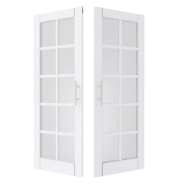 TENONER 60in. x 80in. Solid Wood and MDF, 10 Lite, Frosted Glass, White Primed, Pantry Door, Interior Door Slab With Ball Catch