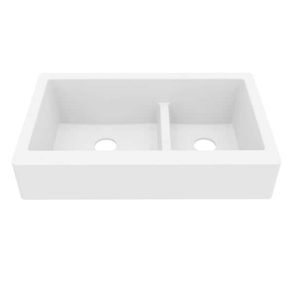 Retrofit Farmhouse/Apron-Front Quartz/Granite Composite 34 in. Double Offset Bowl Kitchen Sink in White