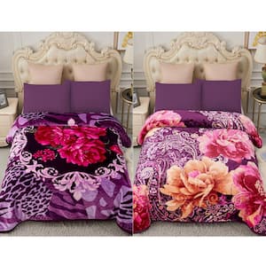 Purple Floral 83"x91" Reversible Printed Polyester Fleece Mink Warm Thick Winter Blanket