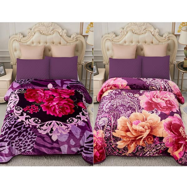 JML Purple Floral 83"x91" Reversible Printed Polyester Fleece Mink Warm Thick Winter Blanket