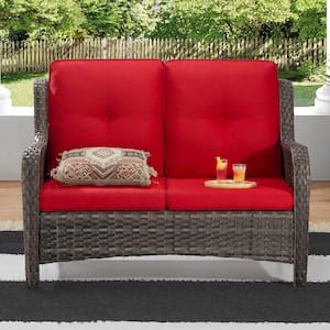 Brown Wicker Outdoor Patio Loveseat with Red Cushions