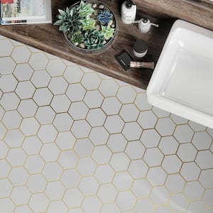 Laurel Brass White 8.5 in. x 14.875 in. Hexagon Honed Marble/Gold Metal Wall and Floor Mosaic Tile (8.78 sq. ft./Case)