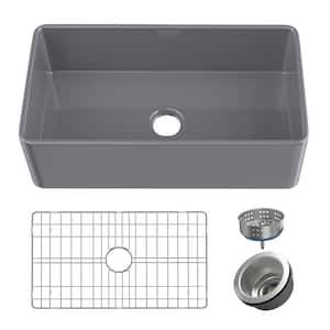 Farmhouse Kitchen Sink 33 in. Barn Sink Apron Front Single Bowl Gray Fireclay Kitchen Sink with Bottom Grids Far