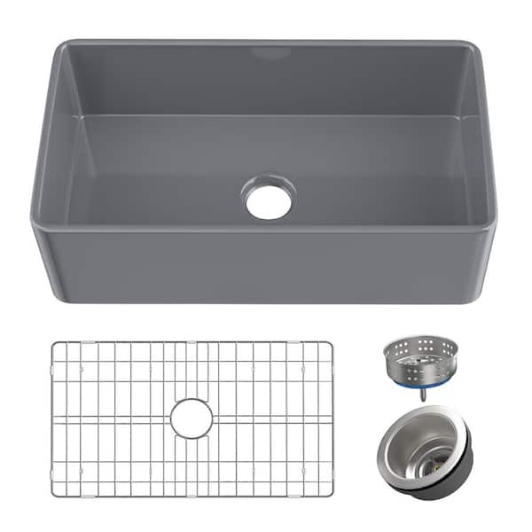 HOMLYLINK Farmhouse Kitchen Sink 33 in. Barn Sink Apron Front Single Bowl Gray Fireclay Kitchen Sink with Bottom Grids Far