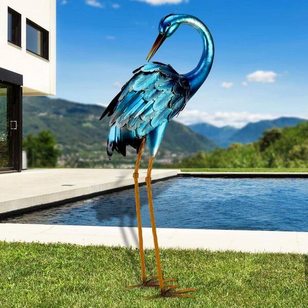 Large Outdoor Blue Metal Garden Statue Crane HP94FCQ6YV - The Home