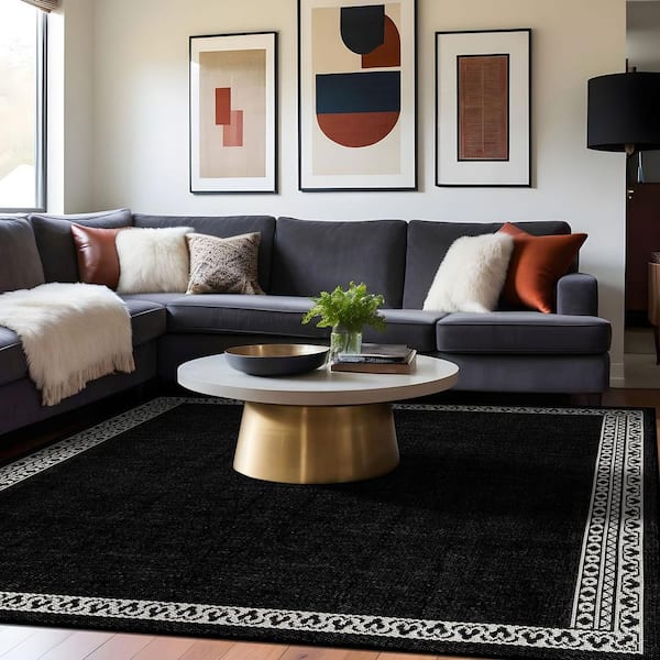 Frame Black 10 ft. x 14 ft. Geometric Bordered Washable Indoor Outdoor Area Rug