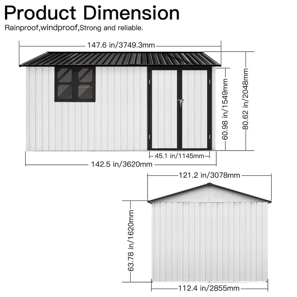 10' x 12' White Metal Storage Shed with Windows