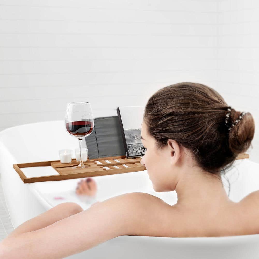 Bamboo Adjustable Freestanding Bathtub Tray with Cup Holder