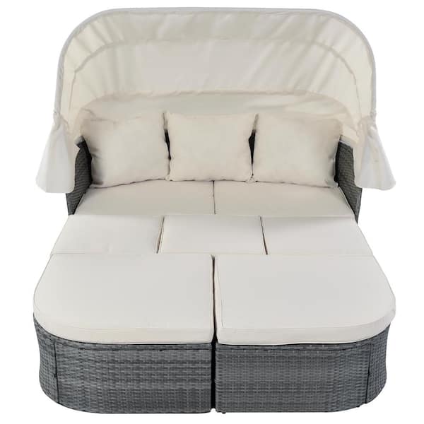 JimsMaison Gray Wicker Outdoor Day Bed with Beige Cushions and Retractable Canopy