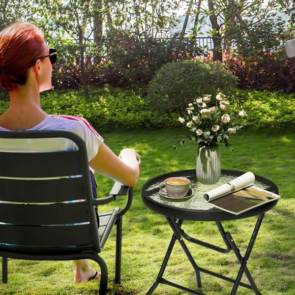 Patio Round 17.7 in. Glass Top Foldable Metal Outdoor Side Table in Black (2-Pack)