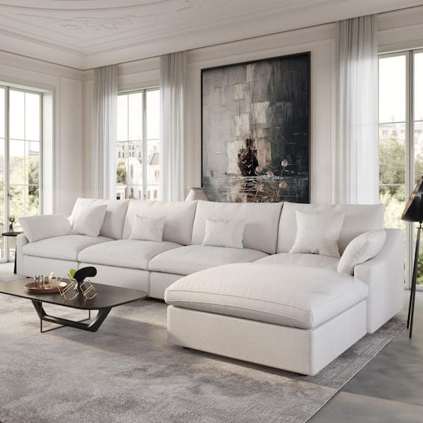 J&E Home 155.9 in. Slope Arm Linen 5-Pieces Modular Free Combination Sofa with Ottoman in Beige