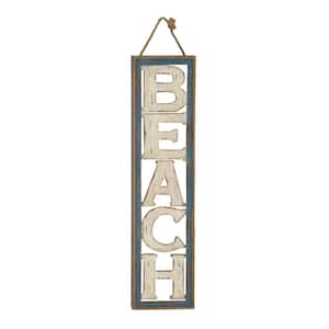 Wood Beige Beach Sign Wall Decor with Rope Hanger