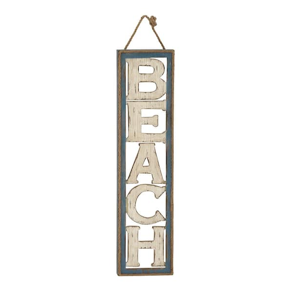 Litton Lane 10 in. x  41 in. Wood Beige Beach Sign Wall Decor with Rope Hanger