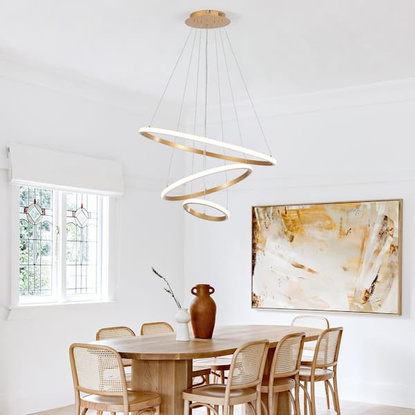 60-Watt Gold 3 Ring LED Hanging Pendant Light Fixture Dimmable Chandelier Lighting for Kitchen Island