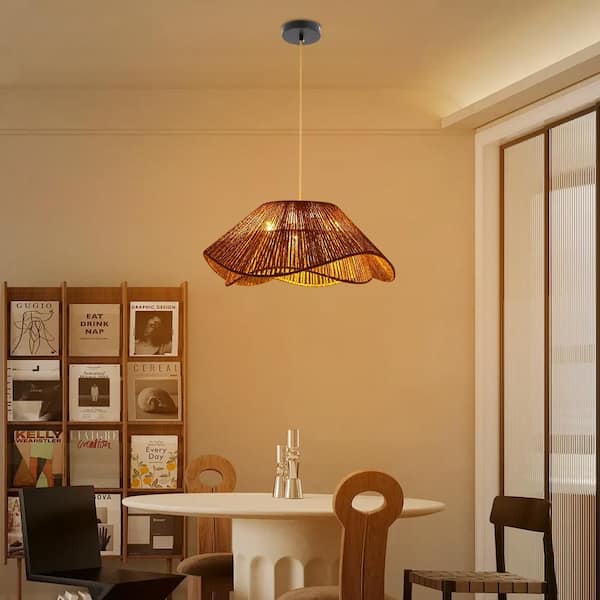 OUKANING 3-Light Yellow Bohemian Shaded Pendant Light with Hemp