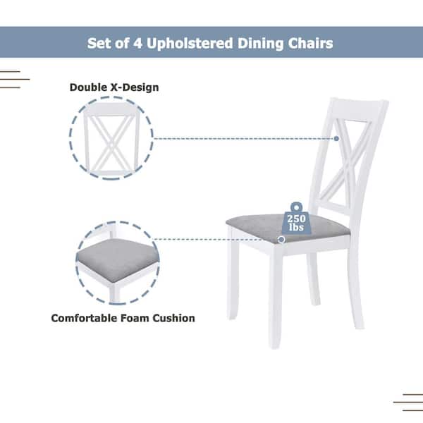 Harper & Bright Designs 5-Piece White Wood Top Dining Table Set with 4 X-Back Gray Linen Upholstered Chairs DT191AAK