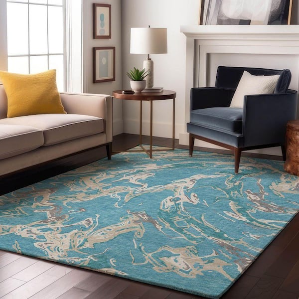 Mayfield Premium Machine Washable Abstract AMF1035 Teal 5 ft. x 7 ft. 6 in. Area Rug