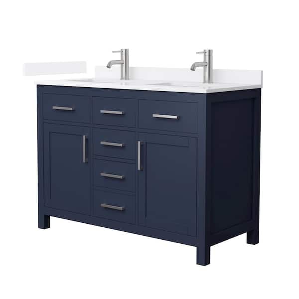 Wyndham Collection Beckett 48 in. Double Freestanding Dark Blue Bath Vanity with White Quartz Top (Assembled)