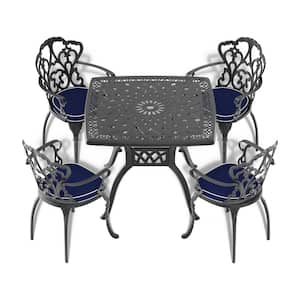 Lily Black 5-Piece Cast Aluminum Outdoor Dining Set with Square Table and Dining Chairs with Random Color Cushion