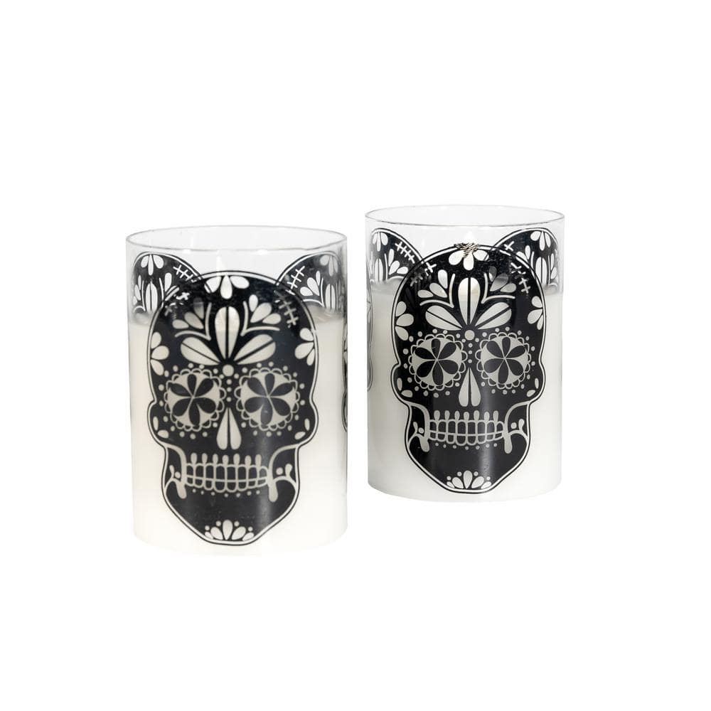 LUMABASE Battery Operated LED Glass Candles with Moving Flame, Color Changing Sugar Skull (Set of 2)