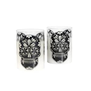 Battery Operated LED Glass Candles with Moving Flame, Color Changing Sugar Skull (Set of 2)
