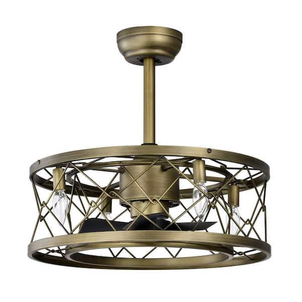 PUDO 20.47 in. Indoor Bronze Antique Cage Ceiling Fan with Light with Remote Control (5-Blades)