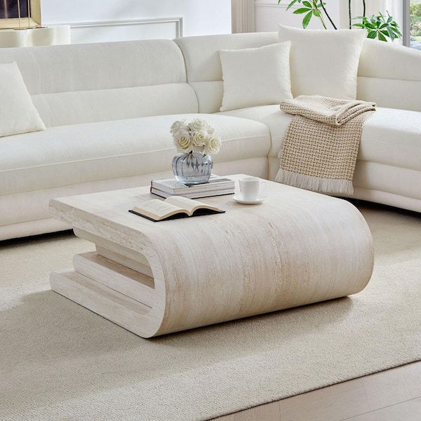 Brier 33.86 in. W Beige Square Wood Coffee Table, Modern Design Irregular Coffee Table