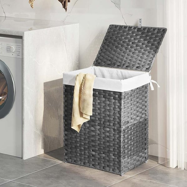 Outsunny Foldable Laundry Hamper, Divided Storage Basket, Rattan Clothes  Hamper with Lid, Removable Liner Bag, Grey Basket