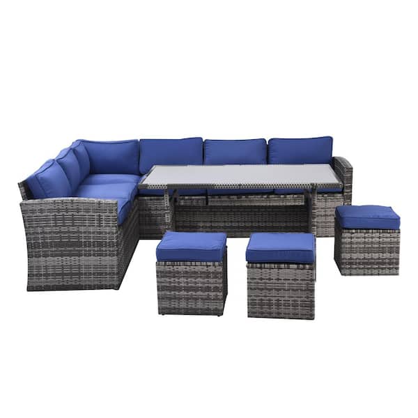 Unbranded 7-Pieces Wicker All Weather Patio Conversation Set Outdoor Sectional Sofa With Backrest and Blue Removable Cushions
