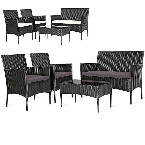 Gtnali Outdoor 4-Pieces Patio Rattan Conversation Sofa Set with Cushions and Tempered Glass Coffee Table, Gray and Off White