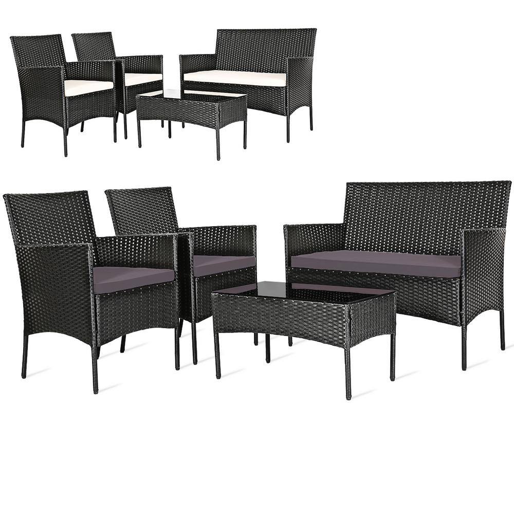 Outdoor 4-Pieces Patio Rattan Conversation Sofa Set with Cushions and Tempe