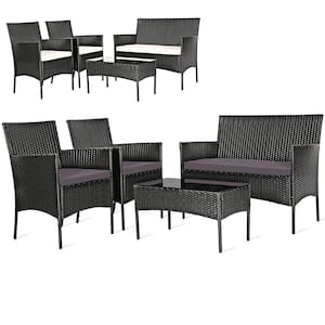 Outdoor 4-Pieces Patio Rattan Conversation Sofa Set with Cushions and Tempered Glass Coffee Table, Gray and Off White