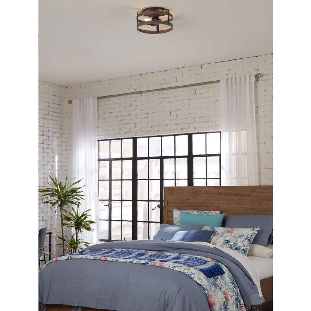 Gulliver 14'' Graphite Modern Farmhouse Flush Mount Ceiling Light with Faux-Wood Accents