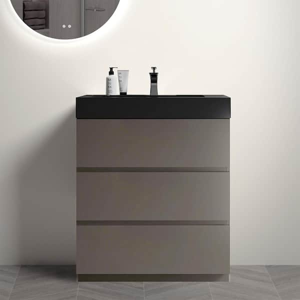 INSTER NOBLE 30 in. W x 18 in. D x 37 in. H Single Sink Freestanding Bath Vanity in Gray with Black Solid Surface Integral Top