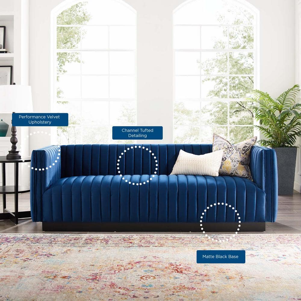 Elegant Navy Velvet Tufted Tuxedo Sofa with Solid Wood Base