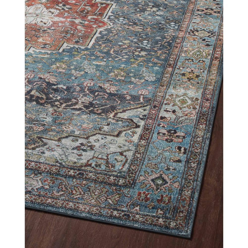 Blue and Brick Medallion Stain-Resistant Synthetic Area Rug