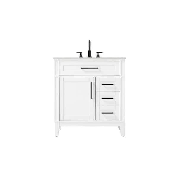 32 in. Single Sink Freestanding White Bath Vanity with Marble White Engineered Marble Top