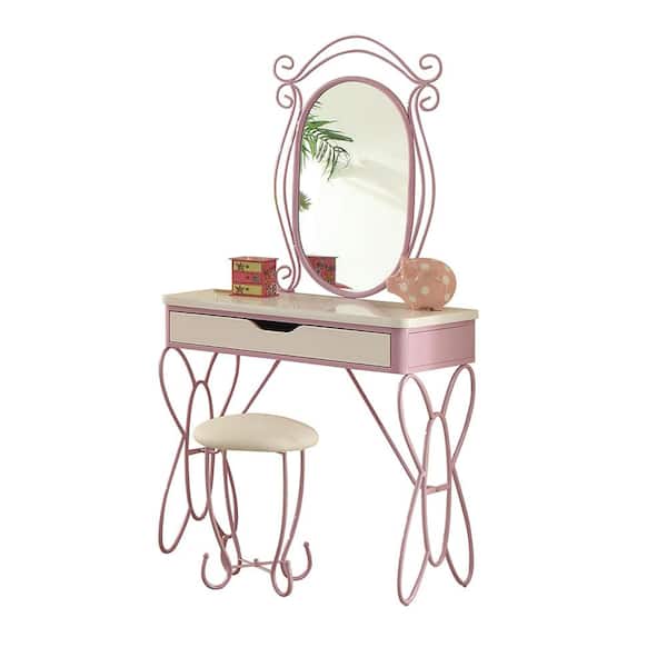 Acme Furniture Priya II White and Light Purple Vanity Sets with Mirror and Stool 30 in. x 16 in. x 32 in.