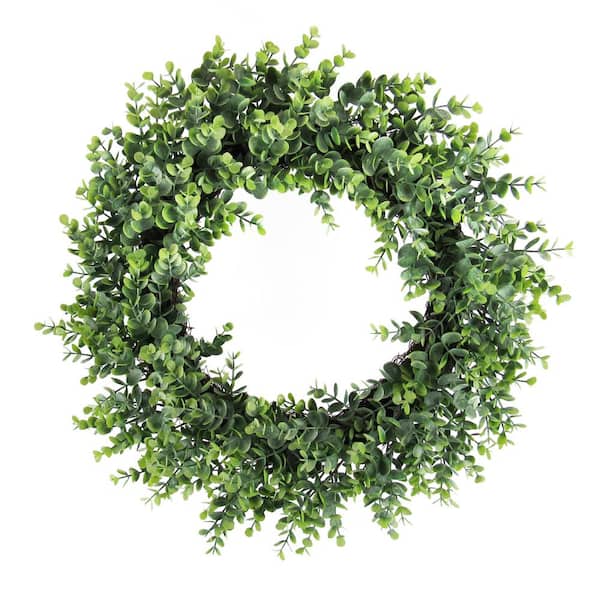 20 in. Frosted Green Artificial Eucalyptus Leaf Foliage Greenery Wreath with Twig Ring