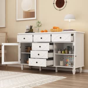 White Wooden 55.1 in. W Sideboards Kitchen Cabinet Cupboard With 6-Drawers, glass Doors, Adjustable Shelves
