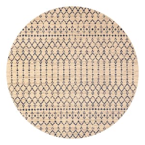 Ourika Moroccan Geometric Textured Weave Beige/Navy 5 ft. Round Indoor/Outdoor Area Rug
